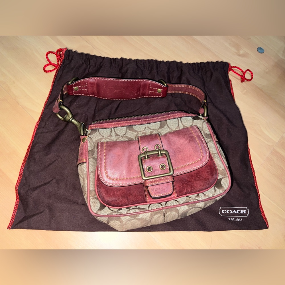 Coach Signature C and red leather and suede strap/ front pouch, brass hardware